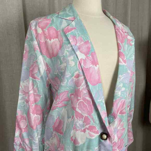 Vintage Blazer Womens Size Small Floral Pink Blue Pastel Spring Boyfriend 90s - Picture 2 of 13